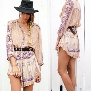 Spell Xanadu Mini Play Dress Gold Dust XS Peacocks Boho Ruffle GUC